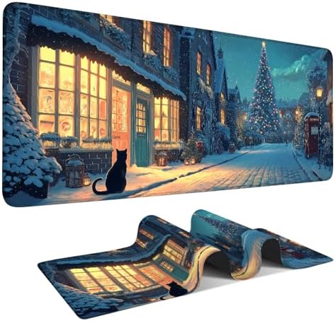 Large Extended Gaming Mouse Pad - Winter Christmas Night Scene, Soft Fabric Desk Mat with Non-Slip Rubber Base, Extra Long Mousepad for Gaming, Office, Keyboard & Mouse, 35.43 x 15.75 in by THISFIND