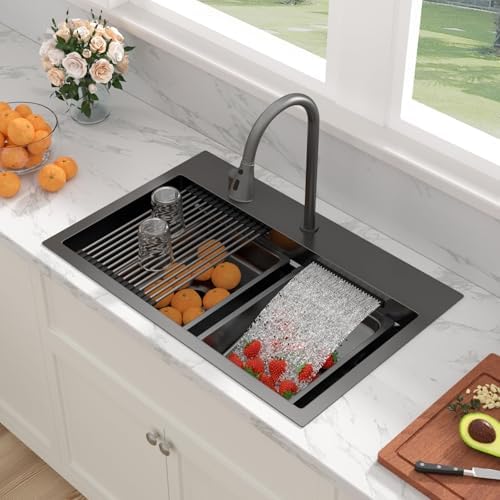 Sarlai 31 Inch Black Waterfall Kitchen Sink Drop In - 31x20 Inch Drop In Waterfall Sink Ledge Workstation Black Stainless Steel 16 Guage Single Bowl Kitchen Sinks Basin by Sarlai