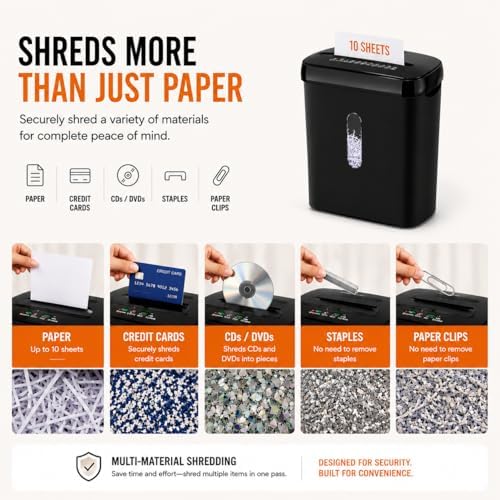 10-Sheet Strip Cut Paper Shredder with Jam Proof System, P-2 Security Level, 5-Minute Continuous Operation, 3.17 Gallon Capacity, Black - Image 6