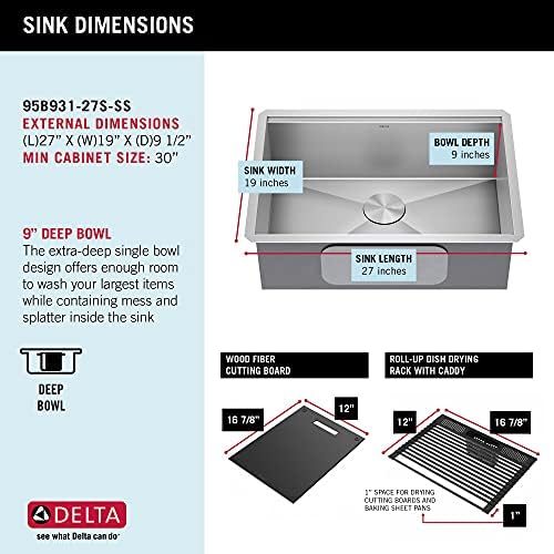 DELTA FAUCET Rivet 27-Inch Workstation Kitchen Sink Undermount 16 Gauge Stainless Steel Single Bowl with WorkFlow Ledge and Chef’s Kit of 6 Accessories, 95B931-27S-SS - Image 6