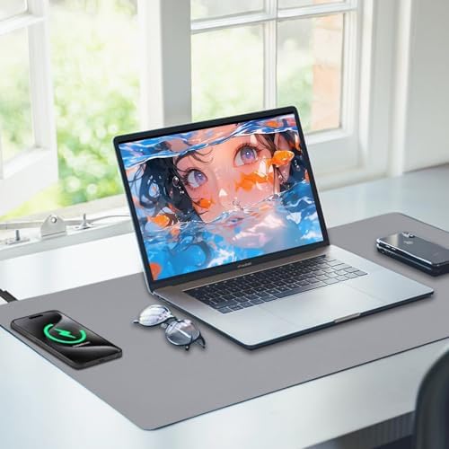 Leather Desk Mat with Wireless Charging - Gray Gaming Mouse Pad, 32" x 16" - Image 6