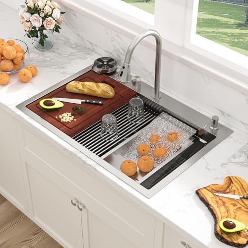 Sarlai Waterfall Kitchen Sink 33 Inch Drop In Kitchen Sink with Waterfall Topmount 16 Gauge Stainless Steel 33x22 Inch Single Bowl Multifuction Workstation Top Mount Sinks with Double Knob - Image 2