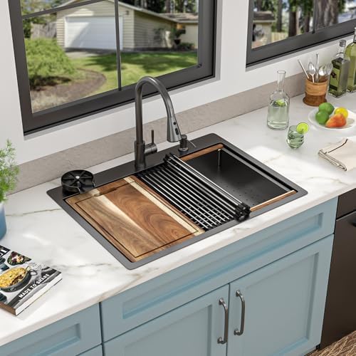 30"x22" Drop In Kitchen Sink Ledge Workstation – Gunmetal Black NANO-PVD, 16 Gauge 304 Stainless Steel Top Mount Single Bowl Sink Basin with Faucet Combo & Glass Rinser - Image 2