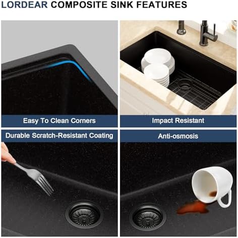 Lordear 32 Inch Black Granite Composite Kitchen Sink Workstation 32x19 Matte Black Undermount Quartz Sinks Under Counter Single Bowl Sink with Black Accessories - Image 6