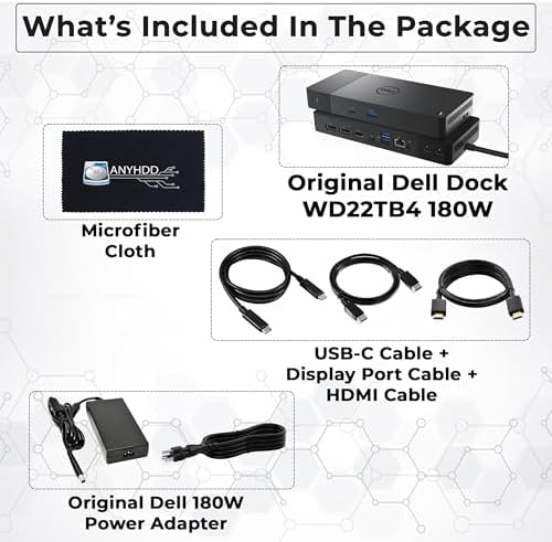 Dell WD22TB4 Thunderbolt 4 Dock - 1 Year Warranty, 40Gbps USB-C/USB A, Dell Docking Station w/ 180W Adapter, HDMI, DisplayPort, USB-C Cables - Supports 4K Displays & Upto 3 Monitors (Renewed) - Image 2