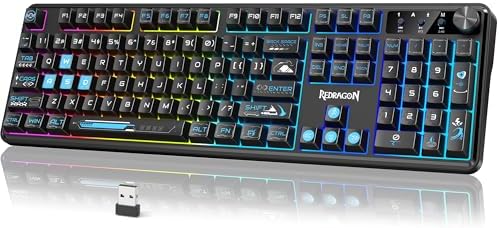 Redragon RM104 Wireless Gaming Keyboard with Knob, Tri-Mode BT/2.4G/USB-C RGB Computer Keyboards, 4000mAh Battery, Programmable Software Support, Anti-Ghosting, Compatible with PC Mac - Black & Blue by REDRAGON