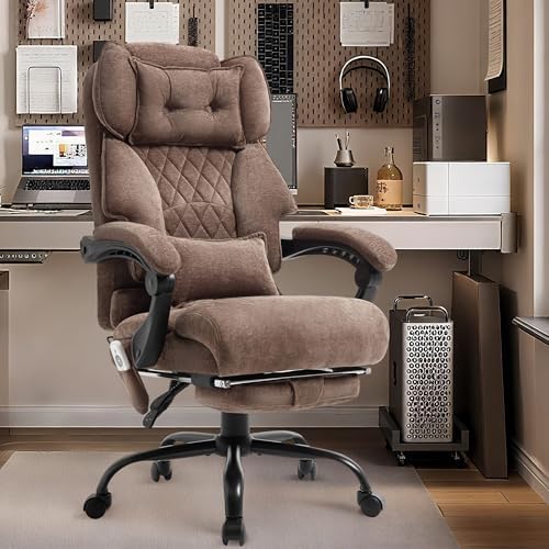 Office Chair with Foot Rest,3D Kneading Massage & Heat Executive Office Chairs for Heavy People,500LBS Big and Tall Office Chair,Ergonomic Reclining Desk Chair,Dual-Use Pillow,Home Office,BrownCloth - Image 2