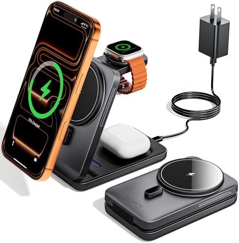 KPON Foldable 3in1 Charging Station for Magsafe, Travel Phone and Watch Charger for Apple, PD20W Wireless Charging Dock for Multiple Devices iPhone 17 16 15 14 13 12 Series/Apple Watch/Airpods by KPON