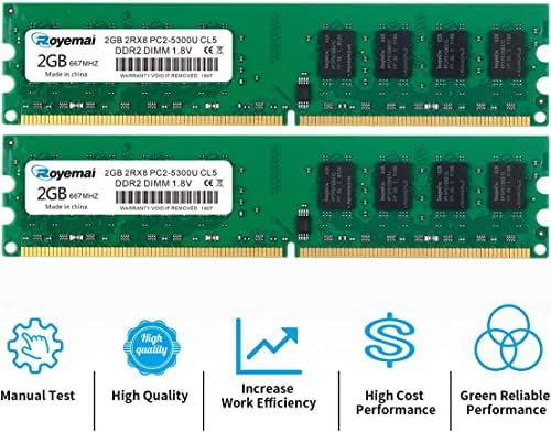 4G DDR2 667MHhz 2x2G PC2 5300 Udimm Desktop Memory Ram, DDR2-667U PC2-5300 2GB 1.8V CL5 240-pin 2Rx8 Non-ECC Unbuffered Desktop Computer RAM Memory Modules - Image 5