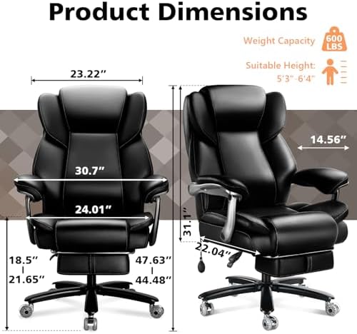 600lbs Big and Tall Office Chair for Heavy People,Heavy Duty Comfy Executive Office Desk Chair with Adjustable Lumbar Support,High Back Reclining PU Leather Computer Chair,Metal Base (Reclining Black) - Image 3