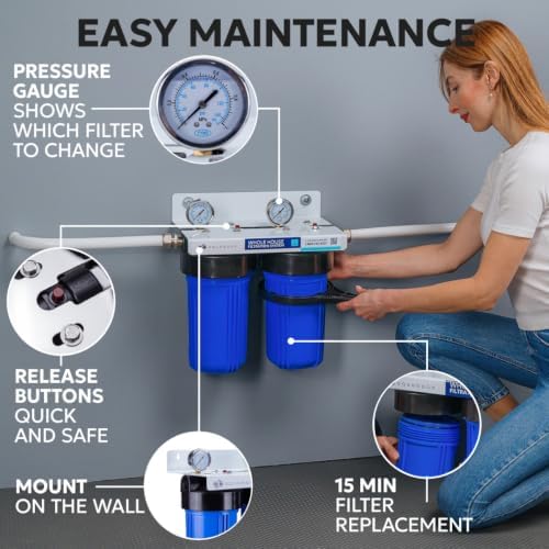 Aquaboon 2-Stage Whole House Water Filter System with 5 Micron 10x4.5 Sediment/Anti-Scale and KDF Heavy Metals Water Filter Purification Cartrige, Pressure Gauges, Wrench, Bracket - Image 4