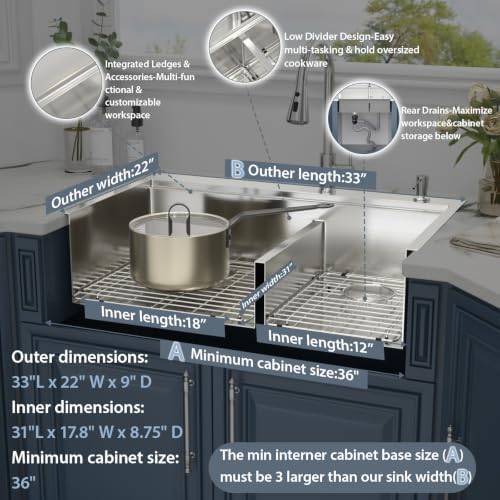 33 Drop In Kitchen Sink Stainless Steel Double Bowl Workstation Low Divide - Image 6
