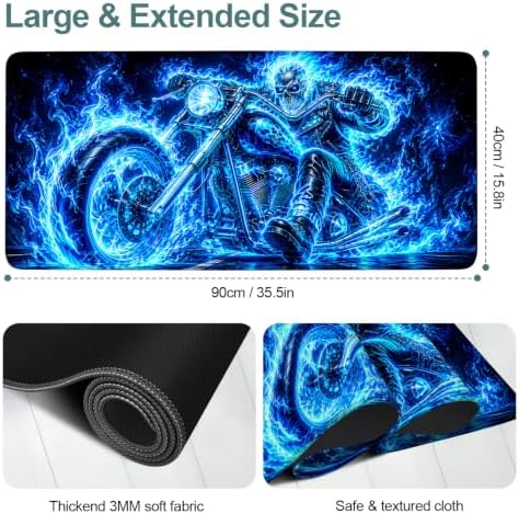 Halloween Motorcycle Skeleton Extended Gaming Mouse Pad 35.4"x15.7" Large Extended Pad Desk Mat Anti-Slip Rubber Base & Durable Stitched Edges for Gamers Smooth Mouse Pad Writing - Image 2