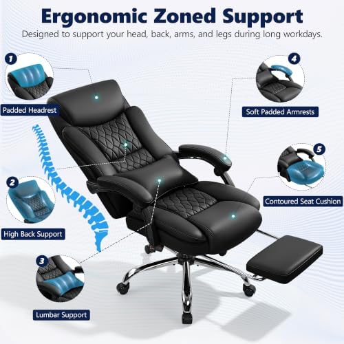 Ergonomic Office Chair Executive PU Leather High Back Office Chair, 400lbs Heavy Duty Reclining Desk Chair with Footrest, Adjustable Lumbar Support, Padded Armrests,Black,2 Pack - Image 4