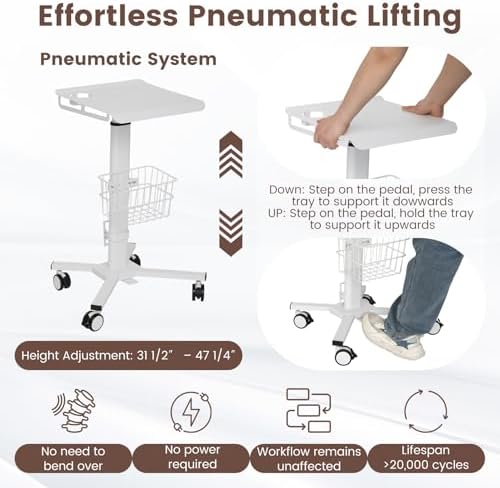 Mobile Laptop Cart on Wheels, Adjustable Height Mobile Laptop Cart with Pneumatic Lifting(31.5" - 47.25"), Storage Basket, Cup Holder, Cable Management for Home, Office and Salon, Cold-Rolled Steel - Image 3