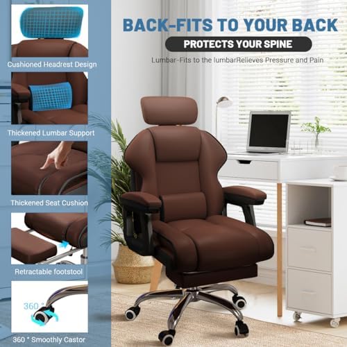 Executive Computer Chair Home Office Desk Chair,Adjustable Angle, Ergonomic Adjustable Height PU Leather Chairs with Cushions Armrest for Long Time Seating-High Office Chair with Footrest - Image 3