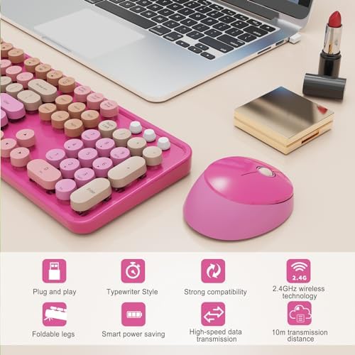 SkyGive Wireless Keyboard and Mouse Combo, Ergonomic Full Size Typewriter Retro Round Keycaps Keyboard, Compatible with Windows, PC, Perfer for Home and Office Keyboards （Red） - Image 3