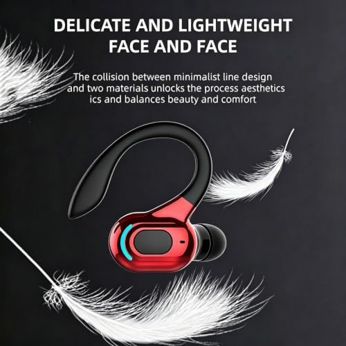 Wireless Headset Business Headphones,Waterproof Hanging Single Ear Earbuds,Mono Wireless Headset Noise Cancelling Sports Wireless Earpiece with Mic for Smart Phones (Red) - Image 2