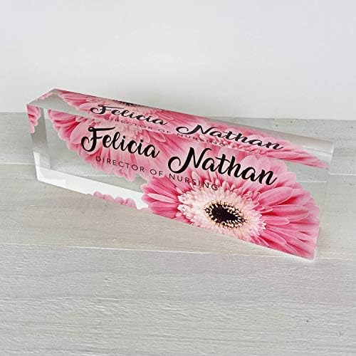 Artblox Office Desk Name Plate Personalized | Custom Name Plates for Desks | Pink Daises Design On Clear Acrylic Glass | Office Desk Decor - (8" x 2.5") - Image 2