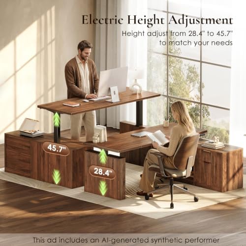 OffiGo Fluted 63 Inch L Shaped Electric Standing Desk with Storage, Walnut - Image 5