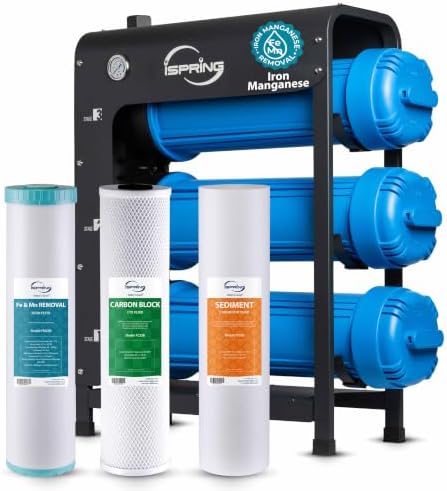 iSpring WHO32BM Iron Manganese Whole House Water Filter System, Horizontal Housings & Drain Valve for Mess-Free Filter Changes, Also Reduces Chlorine, Sediment, 20" x 4.5" Filters, Freestanding Frame by iSpring
