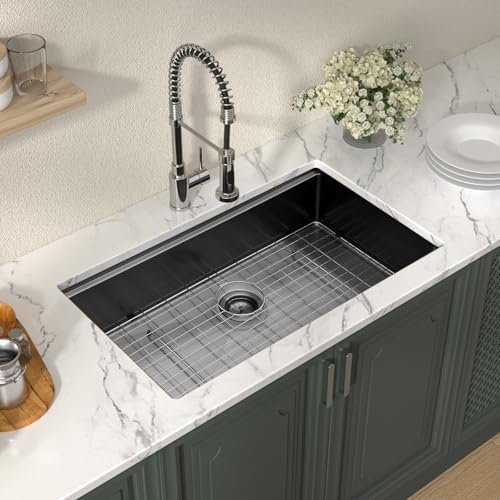 Lordear 32 Undermount Kitchen Sink 32X19 Inch Sinks Ledge Workstation Gunmetal Black 16 Gauge Stainless Steel Single Bowl Under Counter Kitchen Sink Basin with Built- in Accessories - Image 3