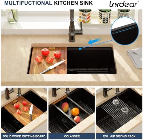Lordear 30 Inch Black Granite Composite Kitchen Sink Workstation 30x19 Matte Black Undermount Quartz Sinks Under Counter Single Bowl Sink with Black Accessories - Image 4