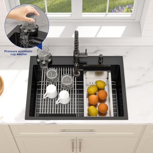 Dcolora 28"x21.2" Matte Black Drop In Kitchen Sink Workstation with Faucet - Image 6