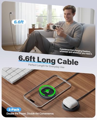 2Pack Magnetic Wireless Charger 25W Fast Charger for iPhone 17/16/15/14/13/12 Series & AirPods, Portable Wireless Charging Pad for Travel Home Office Desk, 6.6FT-Black with Plugs - Image 2