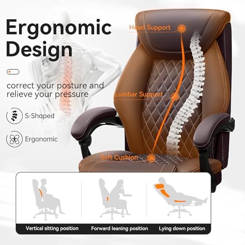 Office Chair, Executive Leather Office Chairs with Rocking Function, Big and Tall Ergonomic Computer Chair with Lumbar Support Flip-Up Armrests, Comfortable Gaming Chairs for Home Ofiice - Image 4