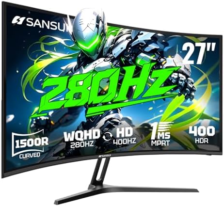 SANSUI 27 Inch 280Hz Curved Gaming Monitor,WQHD 280Hz / HD 400Hz Dual Mode, by SANSUI