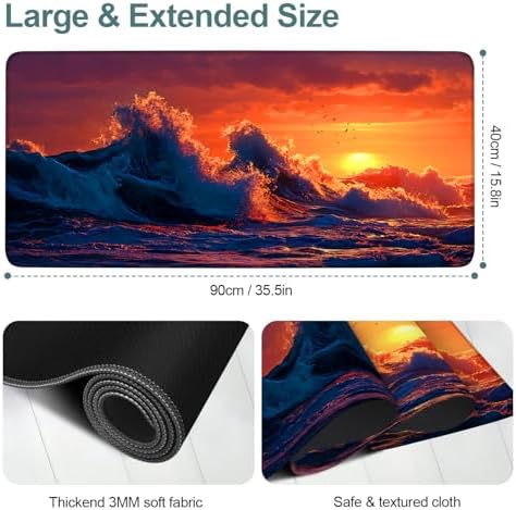 Sunset Waves Gaming Mouse Pad 35.4"x15.7" Large Extended Pad Desk Mat Anti-Slip Rubber Base & Durable Stitched Edges for Gamers Smooth Mouse Pad Writing Surface for Desk Office/Home - Image 2