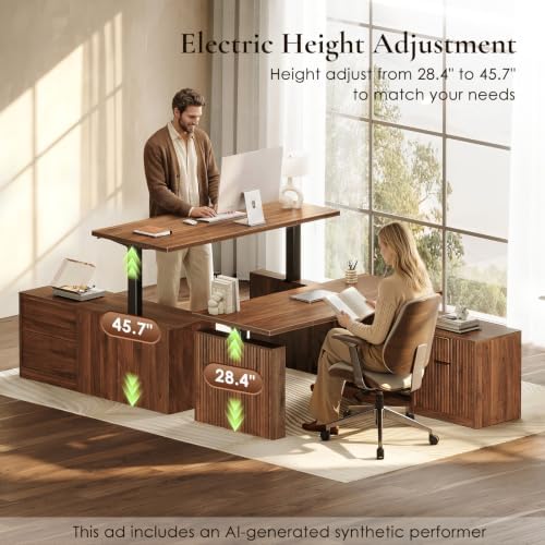 OffiGo Fluted 55 Inch L Shaped Electric Standing Desk with Storage, Walnut - Image 5