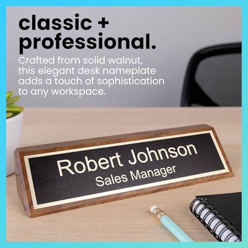 ExcelMark Personalized Walnut Wood Business Desk Black Name Plate with Gold Letters - 2"x 8" - Image 2
