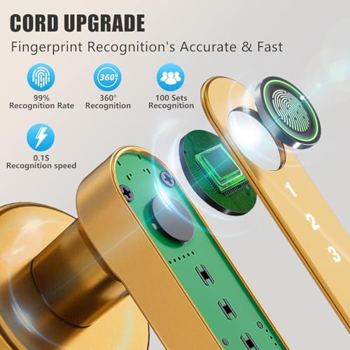 Fingerprint Door Lock Biometric Door Knob with Keypad Keyless Entry, Door Locks for Bedrooms, Home Hotel Office Apartment Gold - Image 5