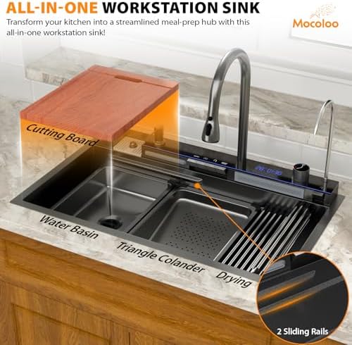 Mocoloo 33 Inch Black Honeycomb Waterfall Kitchen Sink Drop in, 33x19 Inch Stainless Steel Workstation Sink 16 Gauge Topmount Single Bowl Sink with Complete Kit - Image 5