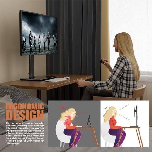 Single Monitor Stand Freestanding 27-43 Inch Monitor Arm Curved Screen Monitor Mount Tempered Glass Base Adjustable Motion Tilt -15° to 10° Swivel ±45° Rotation 360° Weight Capacity 77lbs HT05B-003 - Image 5