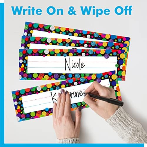 40PCS Traditional Manuscript Name Plates, Confetti Desk Name Tags with Double Sided PET Film Student Name Labels Erasable & Reusable Desk Nameplates for School Classroom Organization (10” x 2.8”) - Image 5