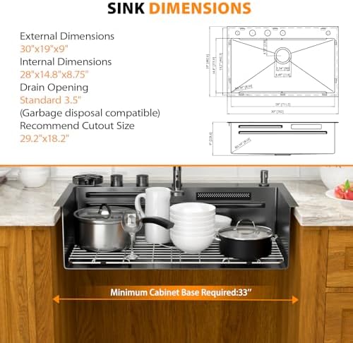 Mocoloo 30 Inch Black Honeycomb Waterfall Kitchen Sink Drop in, 30x19 Inch Stainless Steel Workstation Sink 16 Gauge Topmount Single Bowl Sink with Complete Kit - Image 2