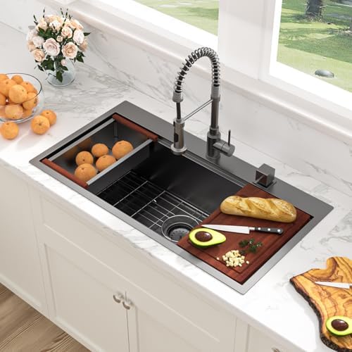 Sarlai 36 Inch Black Drop In Kitchen Sink Workstation 36x19 Drop In Kitchen Sink Black Stainless Steel Topmount Workstation Sink 16 Gauge Deep Single Bowl Top-mount Kitchen Sink - Image 3