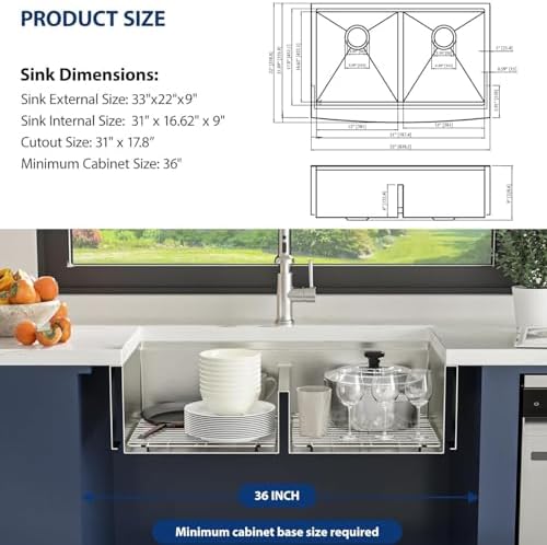 Lordear 33 inch T304 16 Gauge Stainless Steel Farmhouse Kitchen Sink Double Bowl Apron Front Ledge Workstation Low Divide Double Basin 50/50 Farm Style Kitchen Sinks 33x22x9 Inch - Image 5