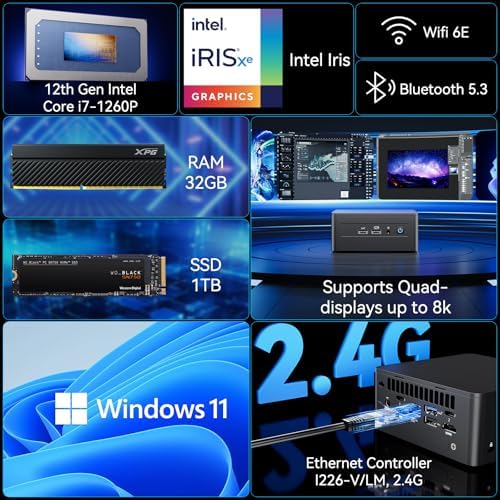 Intel NUC 12 Pro, for ASUS NUC 12 Pro Wall Street Canyon Mini PC, 32GB RAM, 1TB SSD, Intel Core i7-1260P CPU (18M Cache, up to 4.70 GHz), WiFi 6E, BT 5.2, 2*Thunderbolt 4, Win 11 Pro(NUC12WSHi7) - Image 3
