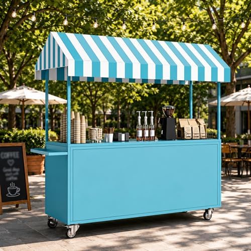 Portable Vendor Cart with Lockable Canopy and Wheels, Large Mobile Food Display Stand for Outdoor Markets & Events, Sturdy Metal Snack Kiosk with 360° Swivel Casters (Blue, 55x23.6x78.7in) by Unknown