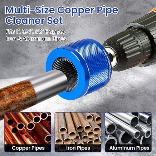 Copper Pipe Cleaner Set, Fits 1”, 3/4”, 1/2” Copper, Iron & Aluminum Pipes, Handheld or Drill Compatible, Metal Tube Cleaning Brushes with Replaceable Blades - Image 6