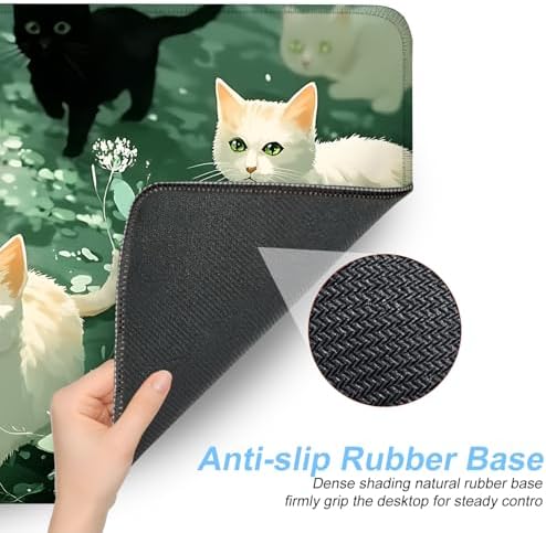 Cute Cat Mouse Pad Large Gaming Desk Mat - Kawaii Black and White Cats in Green Forest, Extended XL Mousepad with Non-Slip Rubber Base for Office, Home, PC, Laptop - Image 3