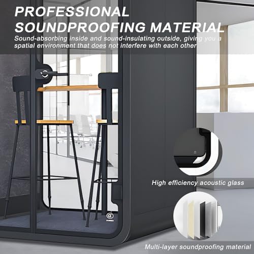 Office Sound Booth with Audio Privacy - Black Office Pod with Curved Corner Design&Small Table,Soundproof Booth Includes Central Lighting,Honeycomb Aluminum Panel,Fans for Reading(58IN) - Image 4
