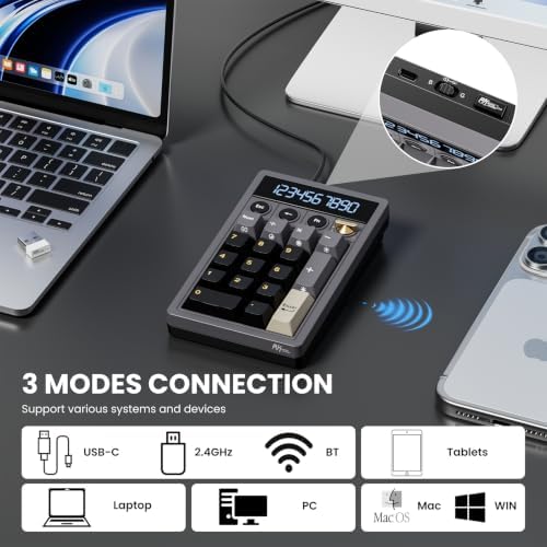 RK ROYAL KLUDGE M20 Wireless Number Pad, Mechanical Numpad with LCD Display, PC Numpad & Calculator Modes, Programmable Numeric Keypad, Bluetooth/2.4G/Wired, RGB Hot-Swappable for Win/Mac - Image 2
