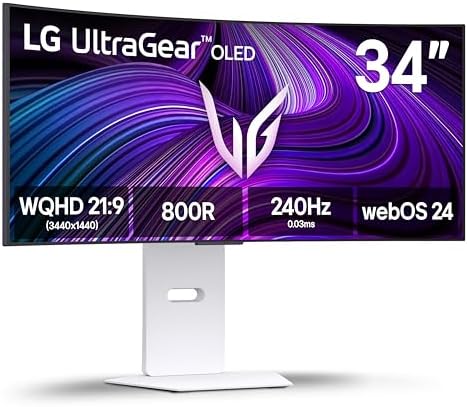 LG 34GX90SA-W 34-inch Ultragear WQHD (3440 x 1440) OLED Curved Gaming Monitor 240Hz, 1ms, NVIDIA G-Sync Compatible, AMD FreeSync Premium, VESA DisplayHDR True Black 400, webOS, USB Type-C, White by Unknown