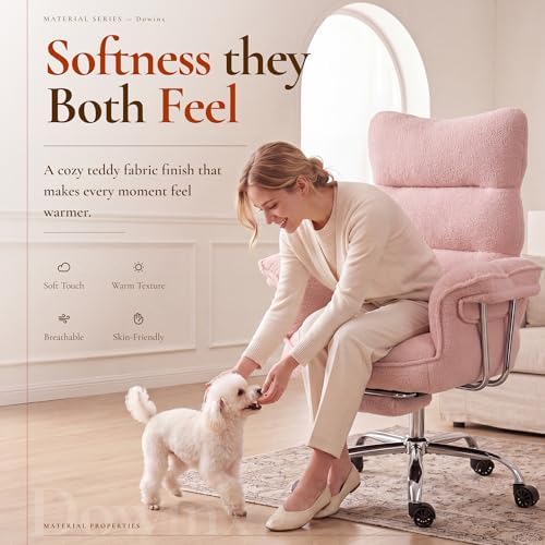 Dowinx Big and Tall Office Chair, Ergonomic Desk Chair with Thick Cushion, Wide Seat & Armrests Computer Gaming Chair,High Back Reclining Teddy Fleece Criss Cross Chair with Foot Rest, Pink - Image 4