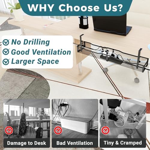Cable Management Under Desk, 25.3'' No Drill Desk Cable Management Tray with Clamp, Metal Cord Organizer for Standing Desk, Computer Wire Management for Home Office & Gaming Setup, Black - Image 4